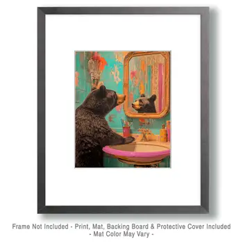 Bear Looking in Mirror - Bathroom Wall Art Prints – 8″x10″ Artwork for 11″x14″ Frame