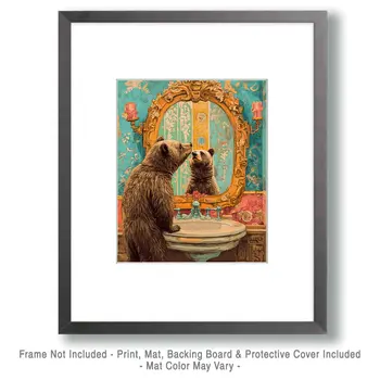Grizzly Bear Looking in Mirror - Bathroom Wall Art Prints – 8″x10″ Artwork for 11″x14″ Frame