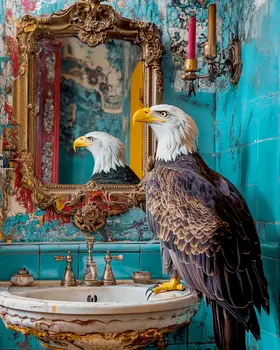 American Bald Eagle Looking in Mirror - Bathroom Wall Art Prints – 8″x10″ Artwork for 11″x14″ Frame