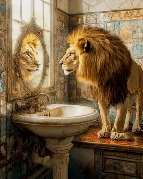 Lion Looking in Mirror - Bathroom Wall Art Prints – 8″x10″ Artwork for 11″x14″ Frame