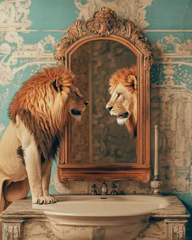 African Lion Looking in Mirror - Bathroom Wall Art Prints – 8″x10″ Artwork for 11″x14″ Frame