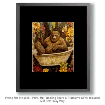 Bigfoot Taking a Bathtub - Bathroom Wall Art Prints – 8″x10″ Artwork for 11″x14″ Frame