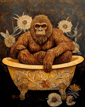 Sasquatch Taking a Bathtub - Bathroom Wall Art Prints – 8″x10″ Artwork for 11″x14″ Frame