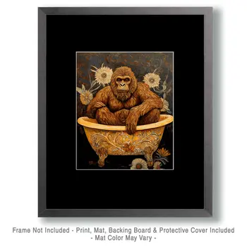 Sasquatch Taking a Bathtub - Bathroom Wall Art Prints – 8″x10″ Artwork for 11″x14″ Frame