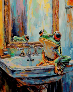 Frog Looking in Mirror - Bathroom Wall Art Prints – 8″x10″ Artwork for 11″x14″ Frame