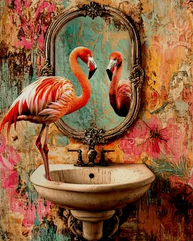 Flamingo Looking in Mirror - Bathroom Wall Art Prints – 8″x10″ Artwork for 11″x14″ Frame