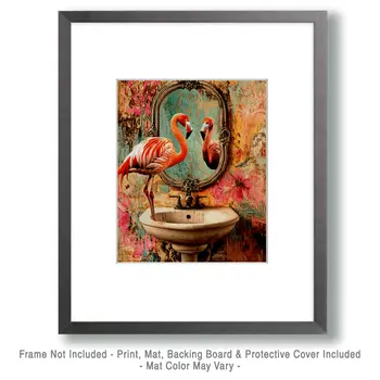 Flamingo Looking in Mirror - Bathroom Wall Art Prints – 8″x10″ Artwork for 11″x14″ Frame