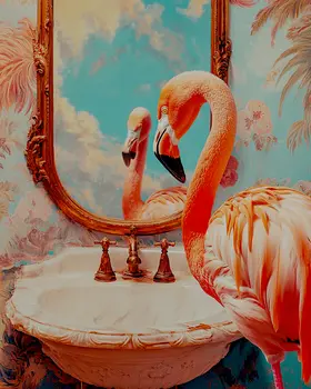 Pink Flamingo Looking in Mirror - Bathroom Wall Art Prints – 8″x10″ Artwork for 11″x14″ Frame