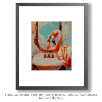 Pink Flamingo Looking in Mirror - Bathroom Wall Art Prints – 8″x10″ Artwork for 11″x14″ Frame