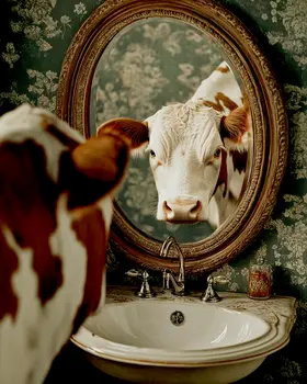 Cow Looking in Mirror - Bathroom Wall Art Prints – 8″x10″ Artwork for 11″x14″ Frame
