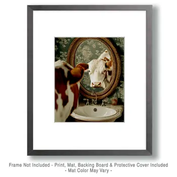 Cow Looking in Mirror - Bathroom Wall Art Prints – 8″x10″ Artwork for 11″x14″ Frame