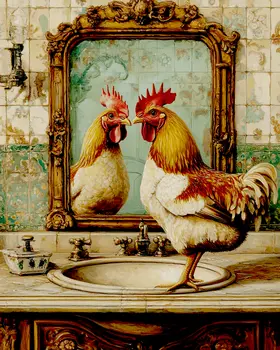 Chicken Looking in Mirror - Bathroom Wall Art Prints – 8″x10″ Artwork for 11″x14″ Frame