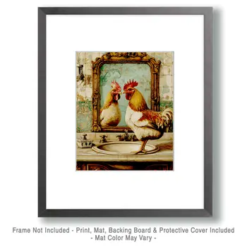 Chicken Looking in Mirror - Bathroom Wall Art Prints – 8″x10″ Artwork for 11″x14″ Frame