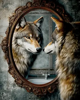 Wolf Looking in Mirror - Bathroom Wall Art Prints – 8″x10″ Artwork for 11″x14″ Frame