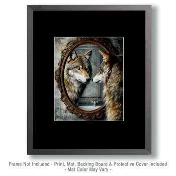 Wolf Looking in Mirror - Bathroom Wall Art Prints – 8″x10″ Artwork for 11″x14″ Frame