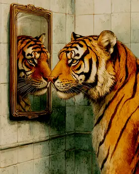 Tiger Looking in Mirror - Bathroom Wall Art Prints – 8″x10″ Artwork for 11″x14″ Frame