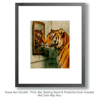 Tiger Looking in Mirror - Bathroom Wall Art Prints – 8″x10″ Artwork for 11″x14″ Frame