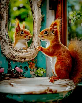 Red Squirrel Looking in Mirror - Bathroom Wall Art Prints – 8″x10″ Artwork for 11″x14″ Frame