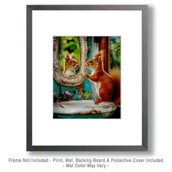 Red Squirrel Looking in Mirror - Bathroom Wall Art Prints – 8″x10″ Artwork for 11″x14″ Frame