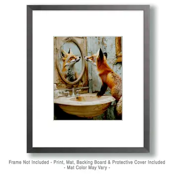 Red Fox Looking in Mirror - Bathroom Wall Art Prints – 8″x10″ Artwork for 11″x14″ Frame