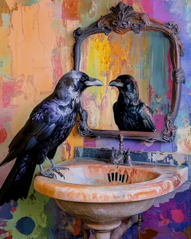 Purple Raven Looking in a Mirror - Bathroom Wall Art Prints – 8″x10″ Artwork for 11″x14″ Frame