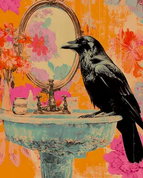 Raven Looking in a Mirror Art - Bathroom Wall Art Prints – 8″x10″ Artwork for 11″x14″ Frame
