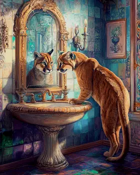 Mountain Lion Looking in a Mirror - Bathroom Wall Art Prints – 8″x10″ Artwork for 11″x14″ Frame