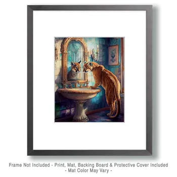 Mountain Lion Looking in a Mirror - Bathroom Wall Art Prints – 8″x10″ Artwork for 11″x14″ Frame