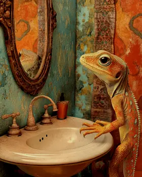 Lizard Looking in a Mirror - Bathroom Wall Art Prints – 8″x10″ Artwork for 11″x14″ Frame