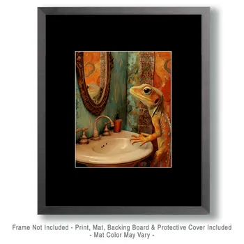 Lizard Looking in a Mirror - Bathroom Wall Art Prints – 8″x10″ Artwork for 11″x14″ Frame