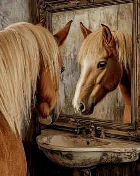 Horse Looking in a Mirror - Bathroom Wall Art Prints – 8″x10″ Artwork for 11″x14″ Frame