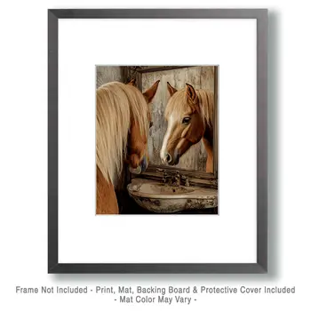 Horse Looking in a Mirror - Bathroom Wall Art Prints – 8″x10″ Artwork for 11″x14″ Frame