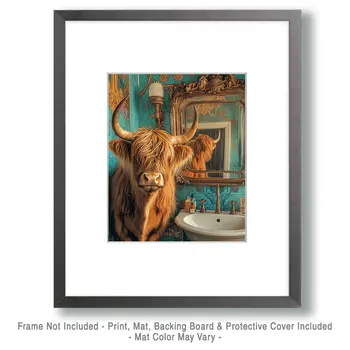 Highland Cow Looking in a Mirror - Bathroom Wall Art Prints – 8″x10″ Artwork for 11″x14″ Frame