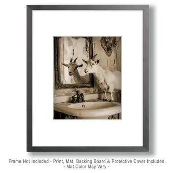 Goat Looking in a Mirror - Bathroom Wall Art Prints – 8″x10″ Artwork for 11″x14″ Frame