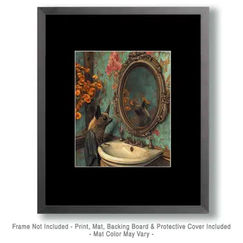 Bat Looking in a Mirror - Bathroom Wall Art Prints – 8″x10″ Artwork for 11″x14″ Frame