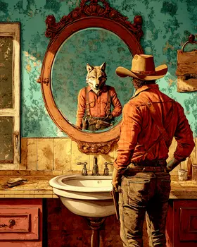 Cowboy Sees Wolf in Mirror - Bathroom Wall Art Prints – 8″x10″ Artwork for 11″x14″ Frame