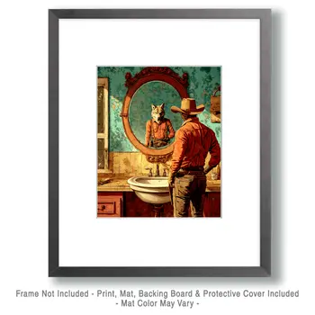 Cowboy Sees Wolf in Mirror - Bathroom Wall Art Prints – 8″x10″ Artwork for 11″x14″ Frame