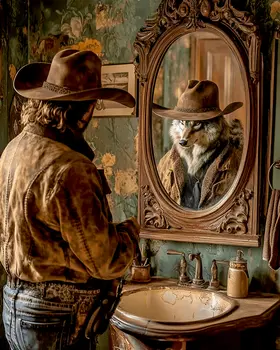 Wolf Reflection in Cowboy's Mirror - Bathroom Wall Art Prints – 8″x10″ Artwork for 11″x14″ Frame