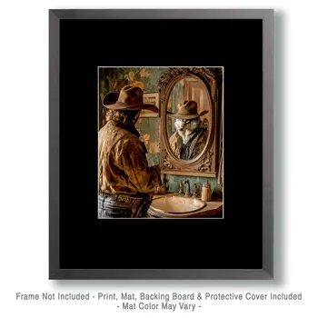 Wolf Reflection in Cowboy's Mirror - Bathroom Wall Art Prints – 8″x10″ Artwork for 11″x14″ Frame