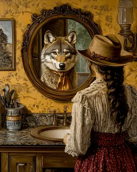 Wolf Reflection in Cowgirl's Mirror - Bathroom Wall Art Prints – 8″x10″ Artwork for 11″x14″ Frame