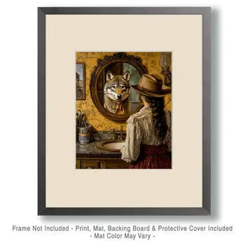 Wolf Reflection in Cowgirl's Mirror - Bathroom Wall Art Prints – 8″x10″ Artwork for 11″x14″ Frame