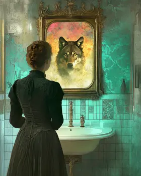 Wolf Reflection in Woman's Mirror - Bathroom Wall Art Prints – 8″x10″ Artwork for 11″x14″ Frame