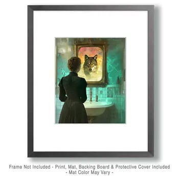 Wolf Reflection in Woman's Mirror - Bathroom Wall Art Prints – 8″x10″ Artwork for 11″x14″ Frame