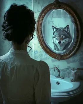Wolf Reflection in Lady's Mirror - Bathroom Wall Art Prints – 8″x10″ Artwork for 11″x14″ Frame