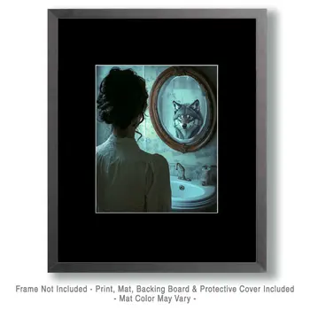 Wolf Reflection in Lady's Mirror - Bathroom Wall Art Prints – 8″x10″ Artwork for 11″x14″ Frame