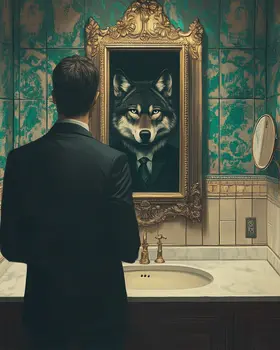 Wolf Reflection in Businessman's Mirror - Bathroom Wall Art Prints – 8″x10″ Artwork for 11″x14″ Frame