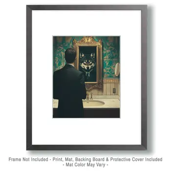 Wolf Reflection in Businessman's Mirror - Bathroom Wall Art Prints – 8″x10″ Artwork for 11″x14″ Frame