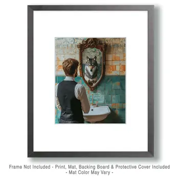 Wolf Reflection in Man's Mirror - Bathroom Wall Art Prints – 8″x10″ Artwork for 11″x14″ Frame