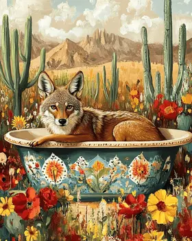 Coyote in a Bathtub - Southwest Bathroom Wall Art Prints – 8″x10″ Artwork for 11″x14″ Frame