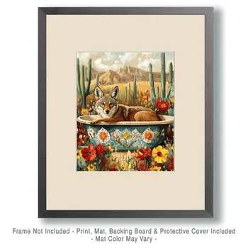 Coyote in a Bathtub - Southwest Bathroom Wall Art Prints – 8″x10″ Artwork for 11″x14″ Frame